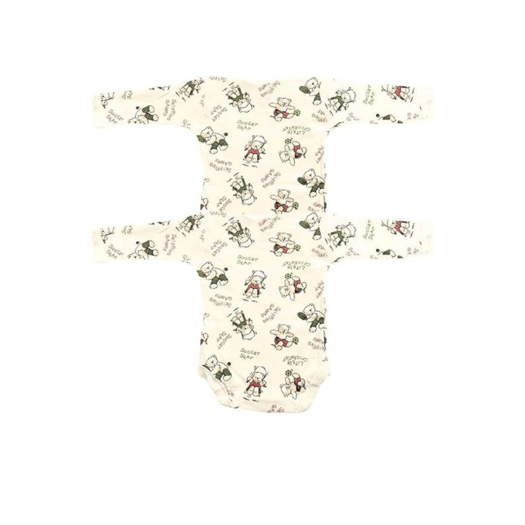Junior Joy Baby Bodysuits – 2 Pack Cream Printed for Premature Babies | Long Sleeve, Envelope Neck, Easy Nappy Change