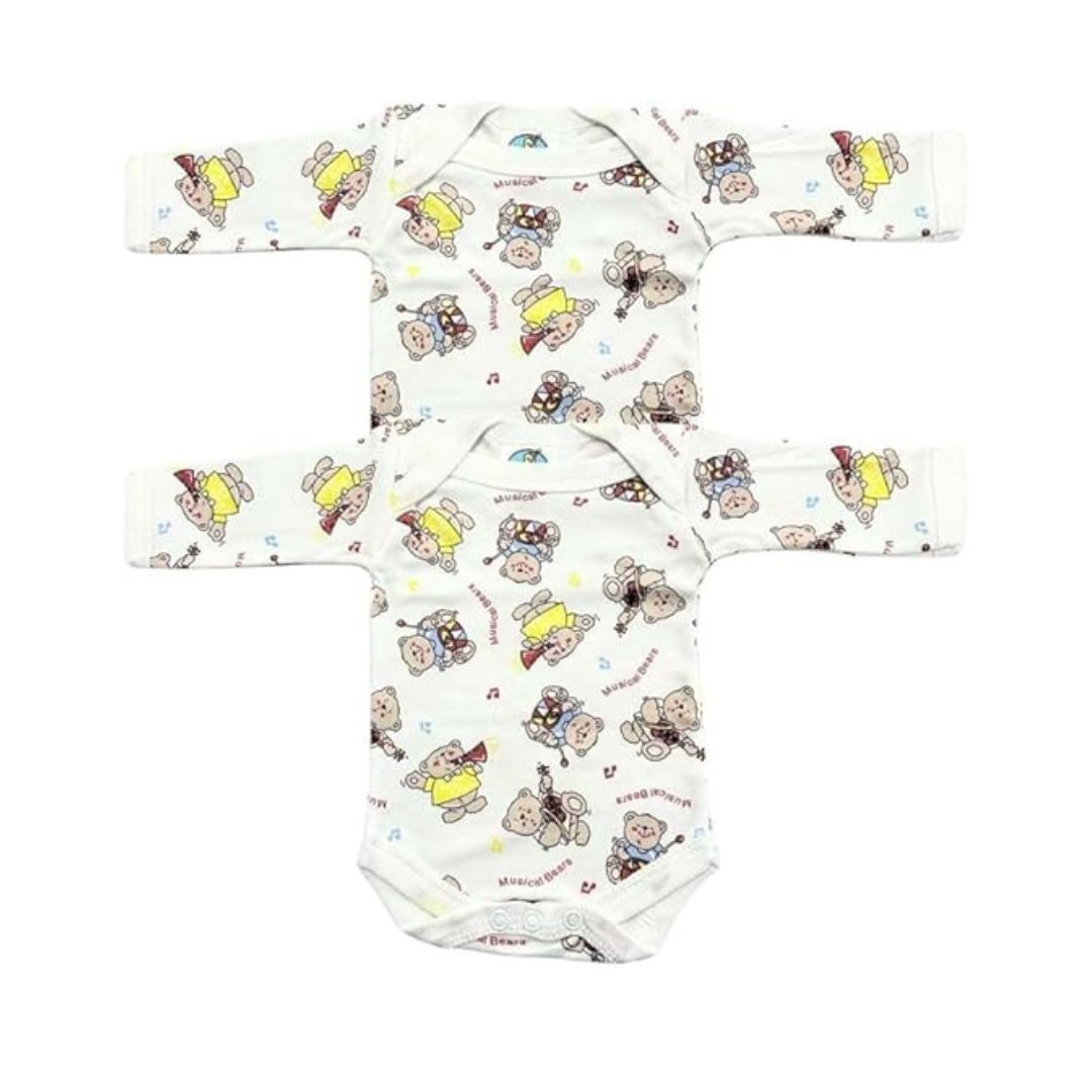 Junior Joy Baby Bodysuits – 2 Pack White Printed for Premature Babies | Long Sleeve, Various Design