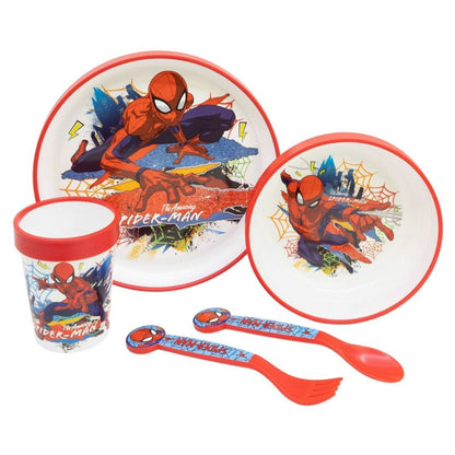 Stor Spiderman Moving Target 5 Piece Non Slip Kids Dinner Set
