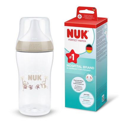 NUK Perfect Match Baby Bottle 260ml 3+ Months – Monkey Design – Anti-Colic Feeding Bottle with Temperature Control Indicator