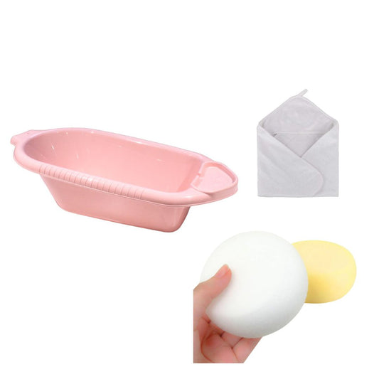 Baby Bath-Time Comfort Set – Baby Bath with Plug, 2 Soft Sponges & 100% Cotton Hooded Bathrobe- Assorted Colours