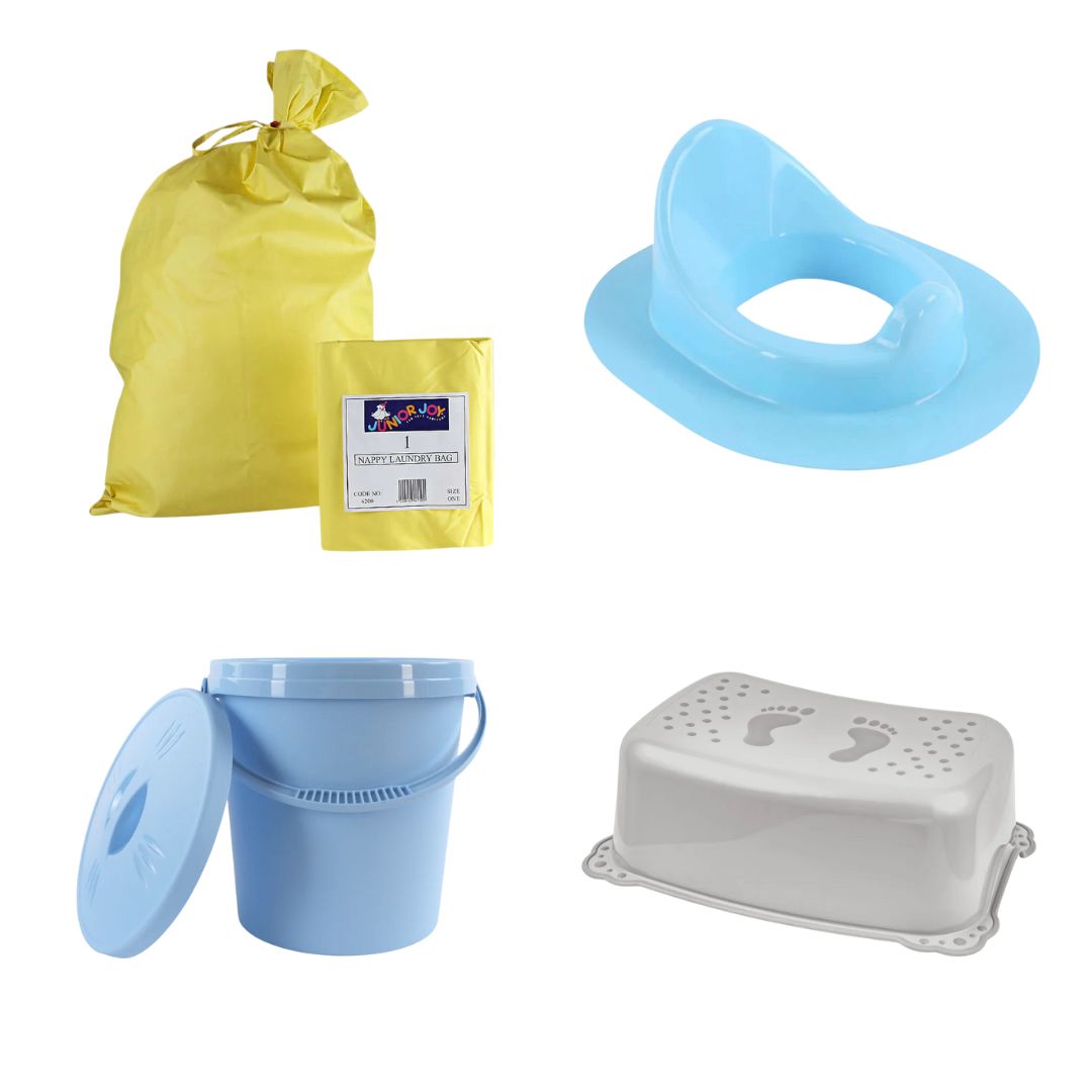 Potty Training Success Kit – Stepping Stool, Toilet Trainer, Nappy Laundry Bag & Pail