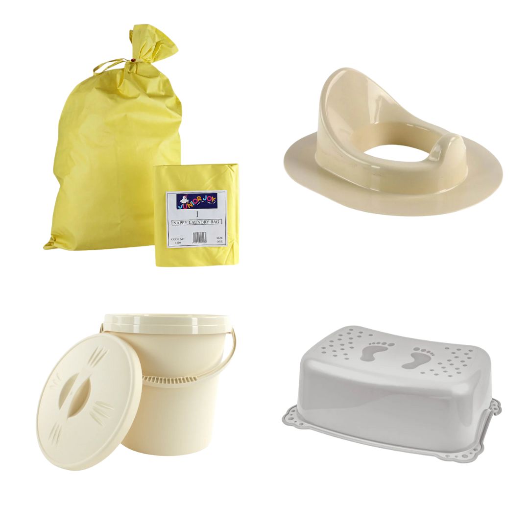Potty Training Success Kit – Stepping Stool, Toilet Trainer, Nappy Laundry Bag & Pail