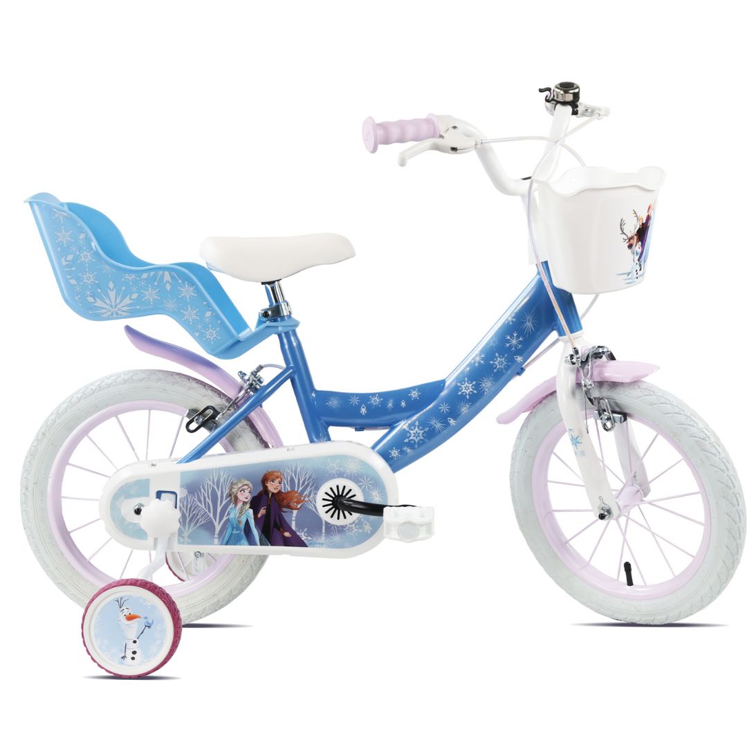 Disney Frozen 14" Kids Bike with Stabilisers, Front Basket & Doll Carrier – Blue