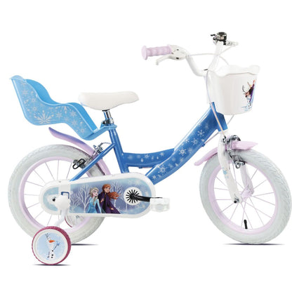 Disney Frozen 14" Kids Bike with Stabilisers, Front Basket & Doll Carrier – Blue