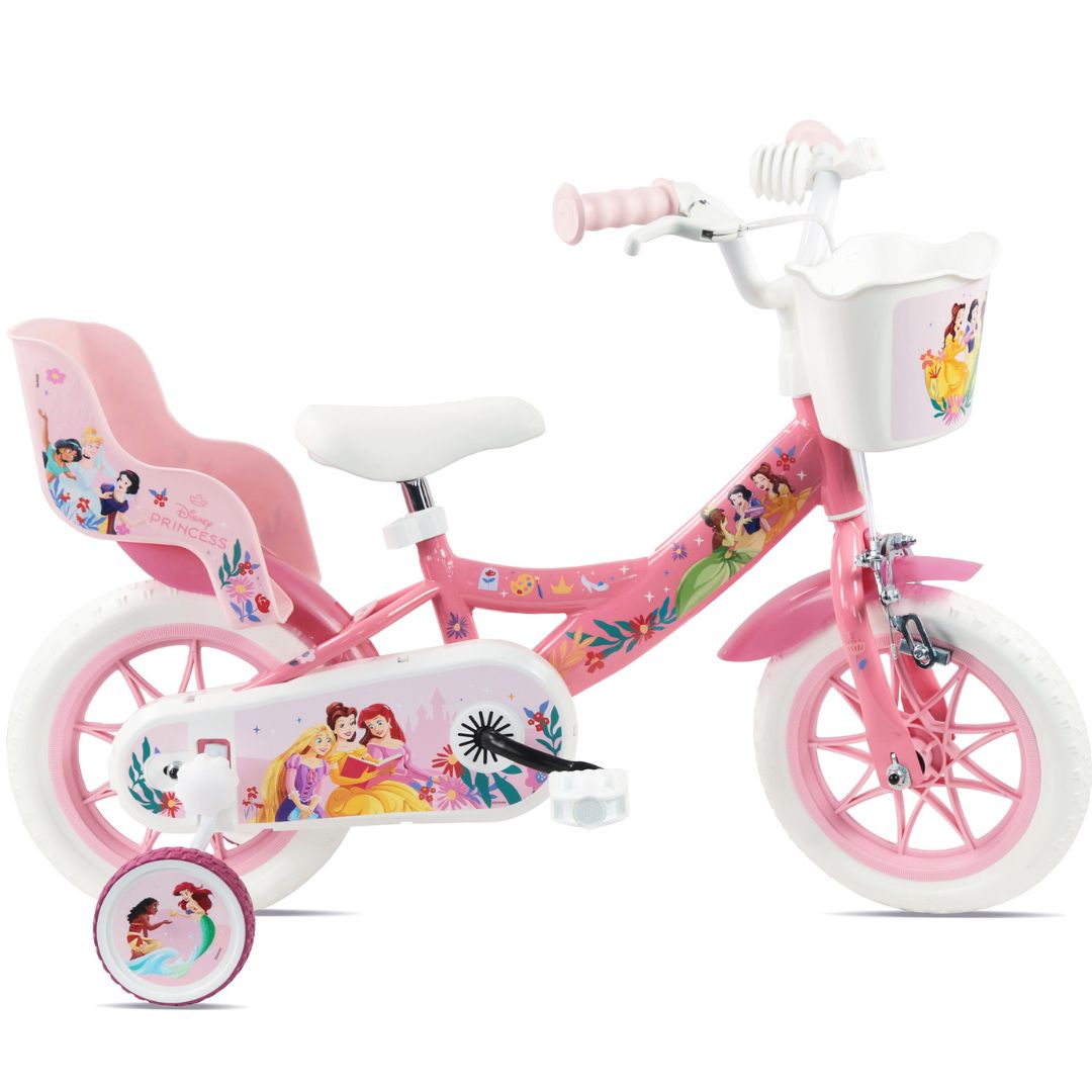 Disney Princess 12" Girls Bike with Stabilisers, Front Basket & Dolly Seat – Pink