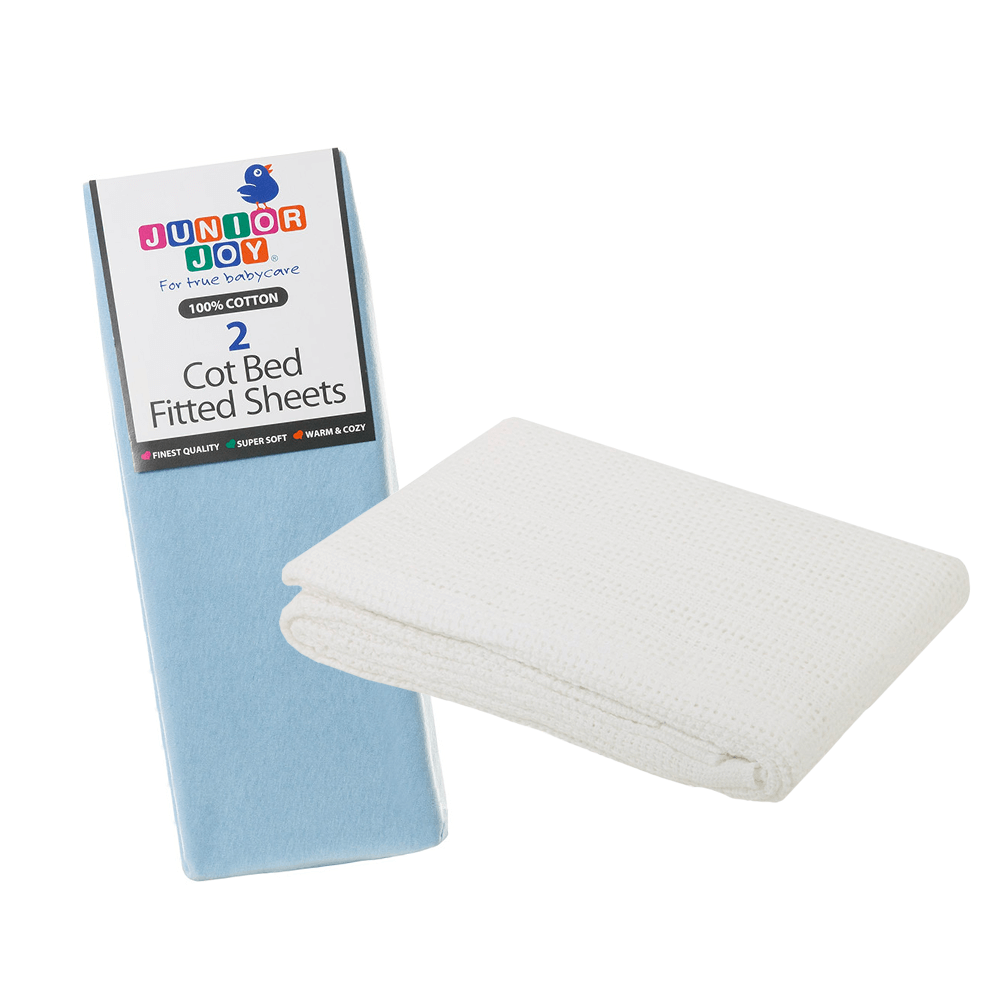 2 Cot Bed Fitted Sheets & Cellular Blanket Bundle