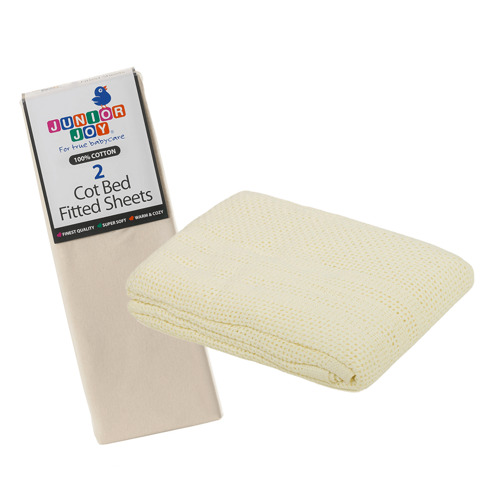 2 Cot Bed Fitted Sheets & Cellular Blanket Bundle