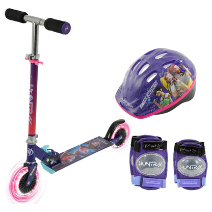 KPop Demon Hunters scooter bundle with light-up folding scooter, safety helmet and knee and elbow pads