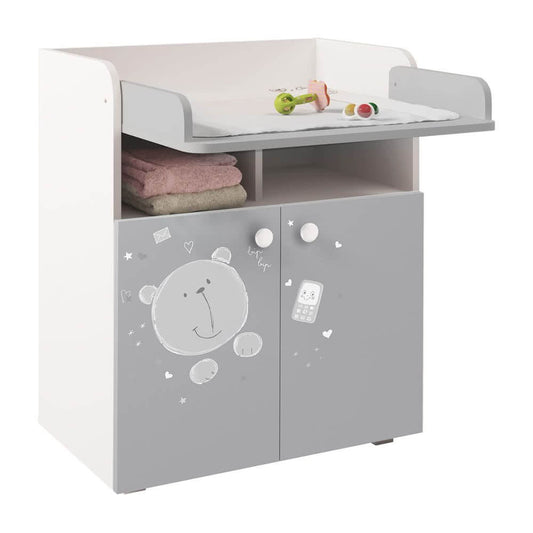 Changing Board Cupboard, Teddy Print - White-Grey