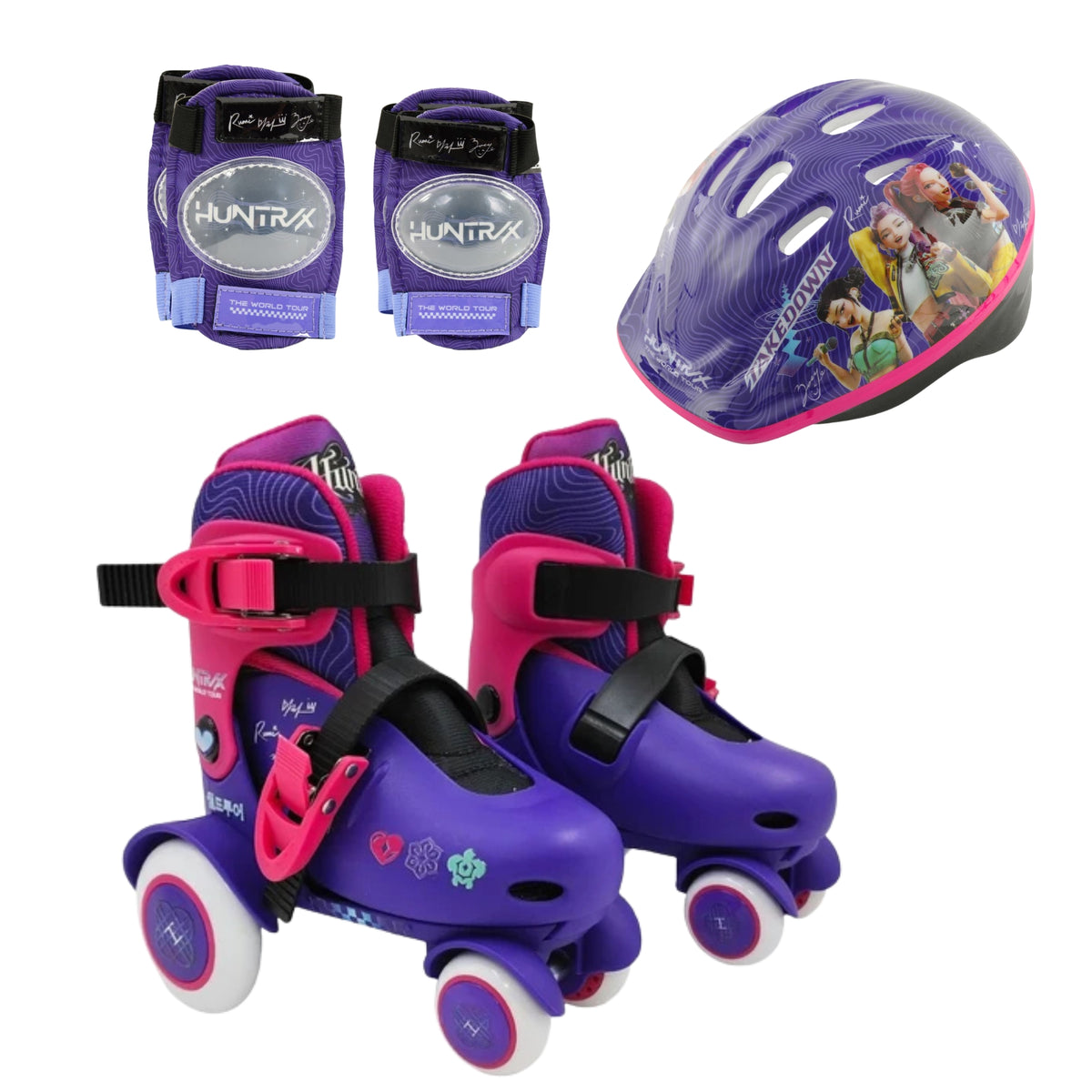 KPop Demon Hunters skates bundle with big wheel skates, safety helmet and knee and elbow pads