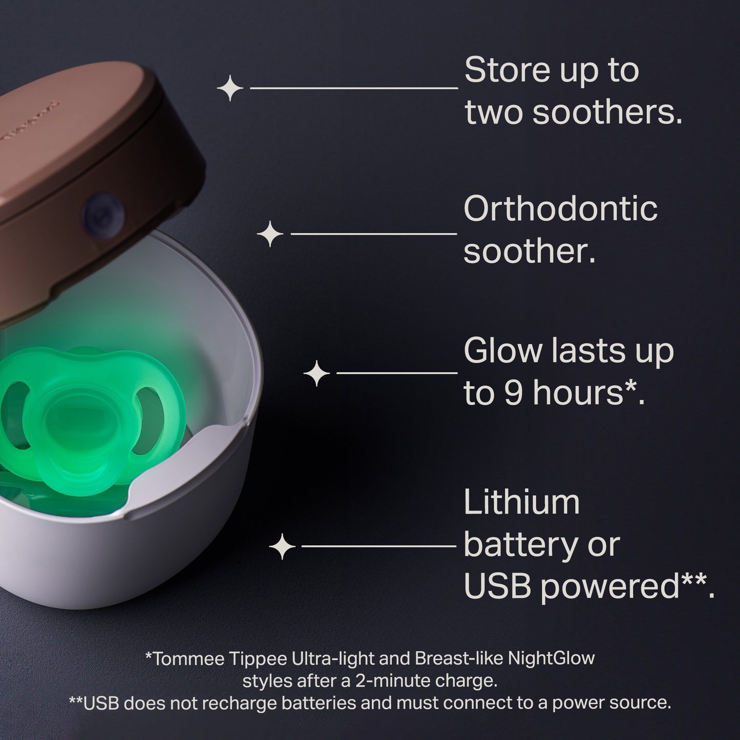 Tommee Tippee NightGlow Pod with 0-6m Ultra-light NightGlow Soother, Charge Glow in the Dark Dummies in 2 Minutes, 3x AA Batteries Lithium Only or Mains-Powered USB Cable, Portable UVC Steriliser