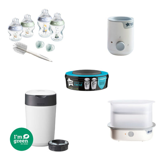 Tommee Tippee Newborn Feeding & Nursery Essentials Bundle – Steriliser, Bottle Starter Set-Blue, Bottle Warmer & Nappy Disposal System
