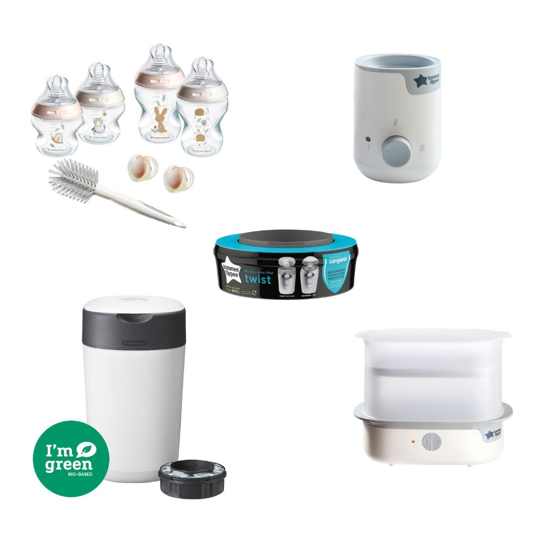 Tommee Tippee Newborn Feeding & Nursery Essentials Bundle – Steriliser, Bottle Starter Set-Pink, Bottle Warmer & Nappy Disposal System
