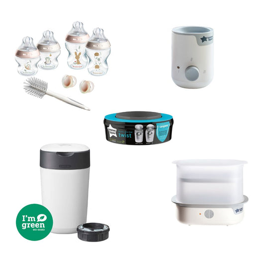 Tommee Tippee Newborn Feeding & Nursery Essentials Bundle – Steriliser, Bottle Starter Set-Pink, Bottle Warmer & Nappy Disposal System