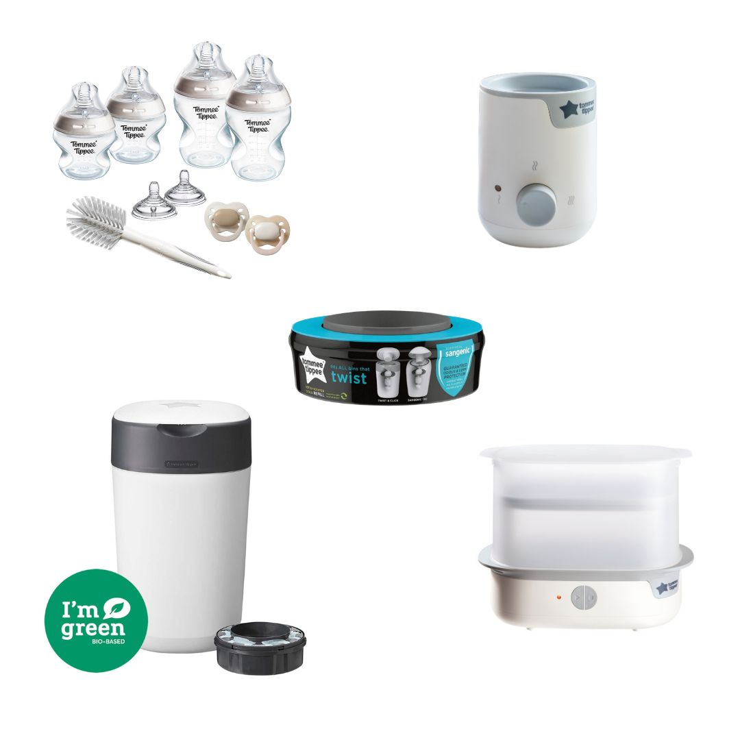 Tommee Tippee Newborn Feeding & Nursery Essentials Bundle – Steriliser, Bottle Starter Set, Bottle Warmer & Nappy Disposal System