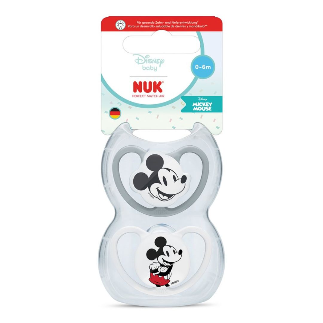 NUK Perfect Match Air Baby Dummies 0–6 Months – Orthodontic Silicone Soothers Mickey Mouse(2 Pack)