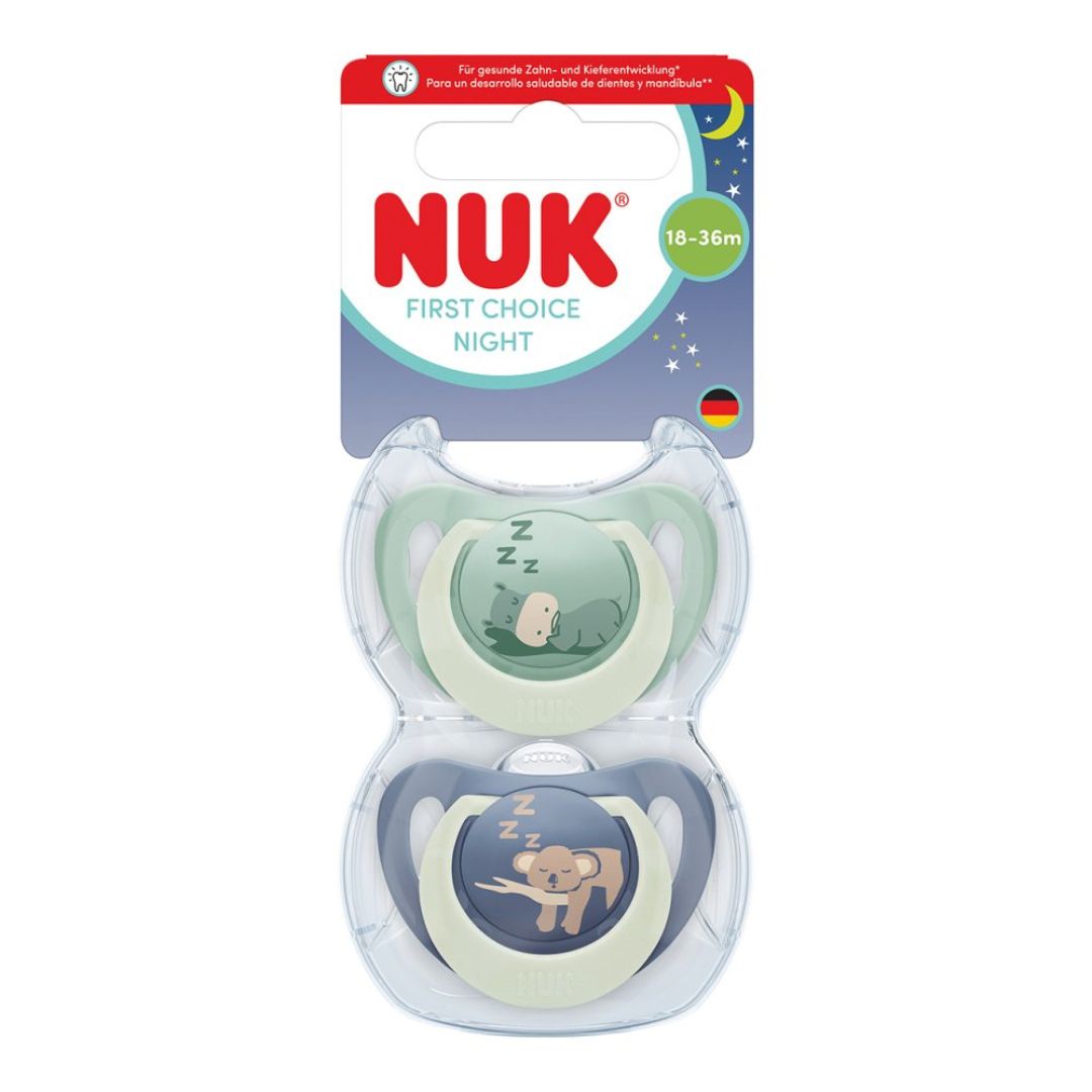 NUK First Choice Night Baby Dummies 0–6 Months – Glow in the Dark Orthodontic Soothers (2 Pack)