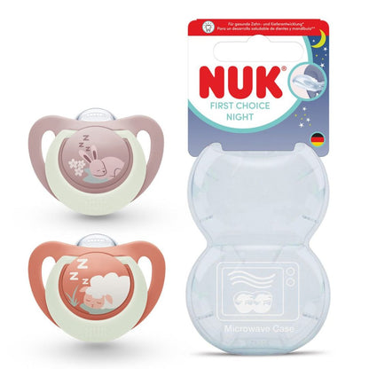 NUK First Choice Night Baby Dummies 0–6 Months – Glow in the Dark Orthodontic Soothers (2 Pack)