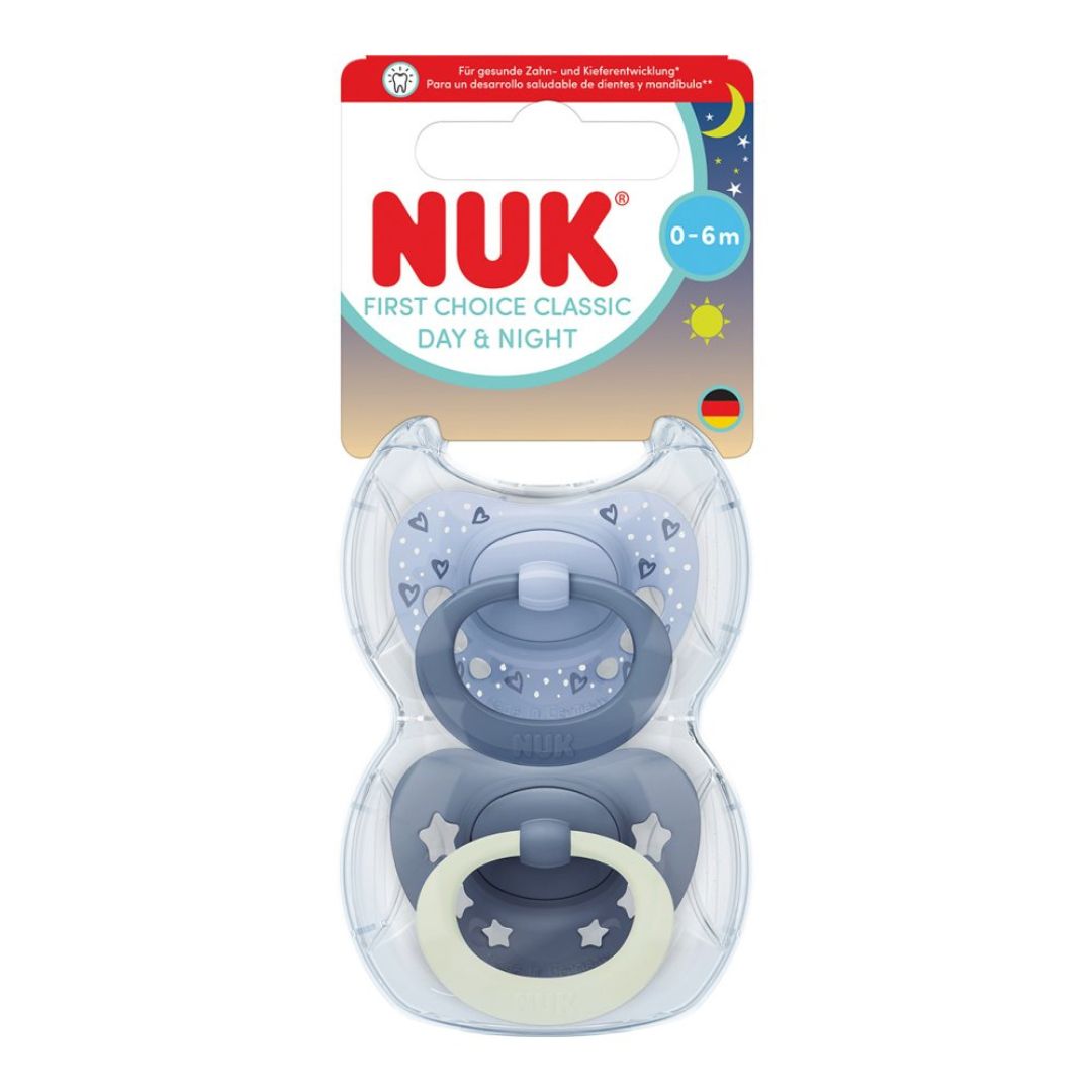 NUK First Choice Classic Night Baby Dummies 0–6 Months – Glow in the Dark Orthodontic Soothers  (2 Pack)