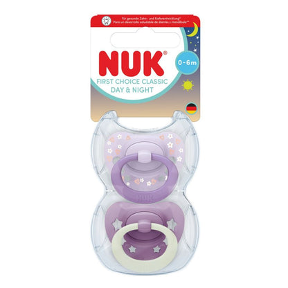 NUK First Choice Classic Night Baby Dummies 0–6 Months – Glow in the Dark Orthodontic Soothers  (2 Pack)