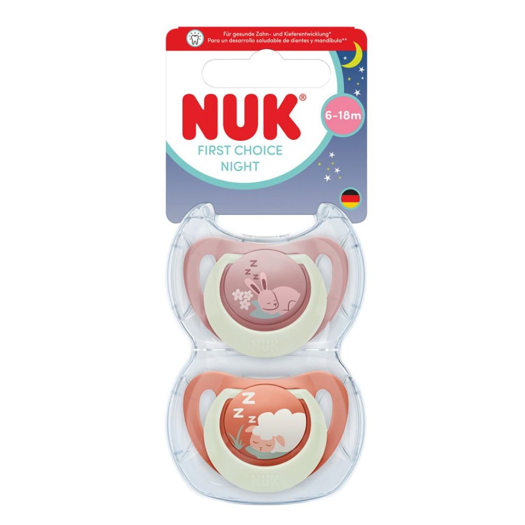 NUK First Choice Night Baby Dummies 6–18 Months – Glow in the Dark Orthodontic Soothers (2 Pack)