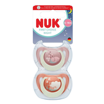 NUK First Choice Night Baby Dummies 6–18 Months – Glow in the Dark Orthodontic Soothers (2 Pack)