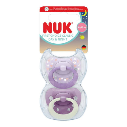 NUK First Choice Classic Night Baby Dummies 6–18 Months – Glow in the Dark Orthodontic Soothers (2 Pack)