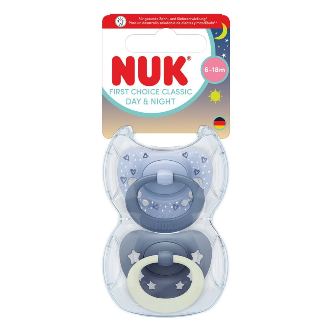 NUK First Choice Classic Night Baby Dummies 6–18 Months – Glow in the Dark Orthodontic Soothers (2 Pack)