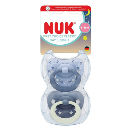 NUK First Choice Classic Night Baby Dummies 6–18 Months – Glow in the Dark Orthodontic Soothers (2 Pack)