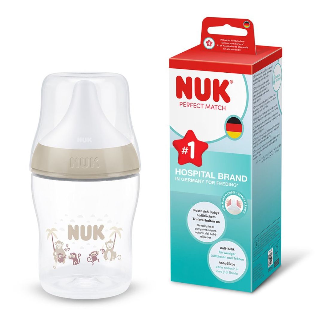 NUK Perfect Match Baby Bottle 150ml 0+ Months – Monkey Design – Anti-Colic Feeding Bottle with Temperature Control Indicator