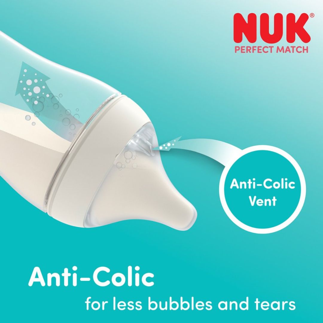 NUK Perfect Match Baby Bottle 150ml 0+ Months – Monkey Design – Anti-Colic Feeding Bottle with Temperature Control Indicator