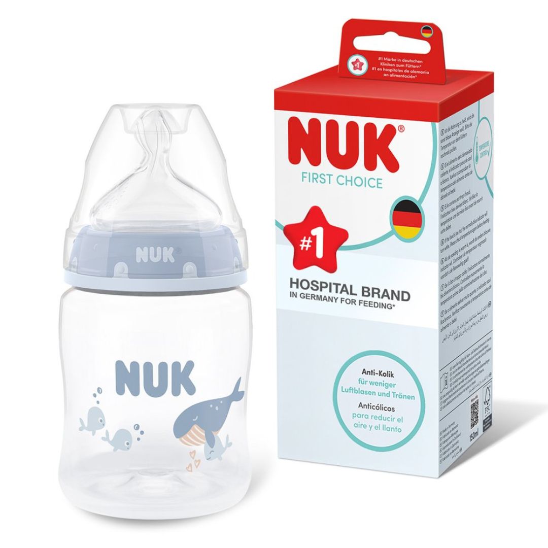NUK First Choice Baby Bottle 150ml 0+ Months – Anti-Colic Feeding Bottle with Temperature Control Indicator