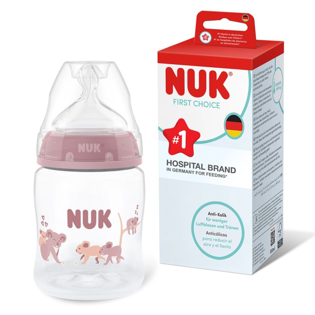 NUK First Choice Baby Bottle 150ml 0+ Months – Anti-Colic Feeding Bottle with Temperature Control Indicator