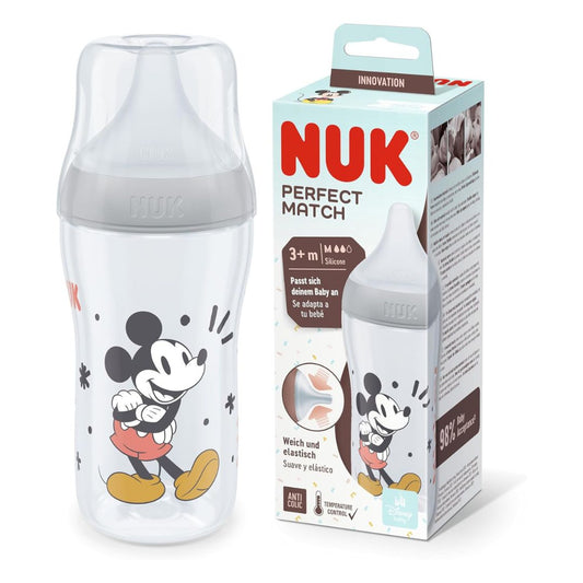 NUK Perfect Match Temperature Control 260ml Bottle Mickey Mouse Grey
