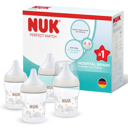 NUK Perfect Match Baby Bottle Set | 0+ Months | 4 x 150ml Anti-Colic Bottles | Rainbow Edition
