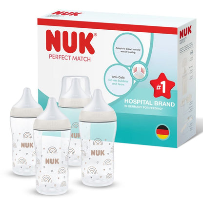 NUK Perfect Match Baby Bottle Set | 0+ Months | 4 x 260ml Anti-Colic Bottles | Rainbow Edition
