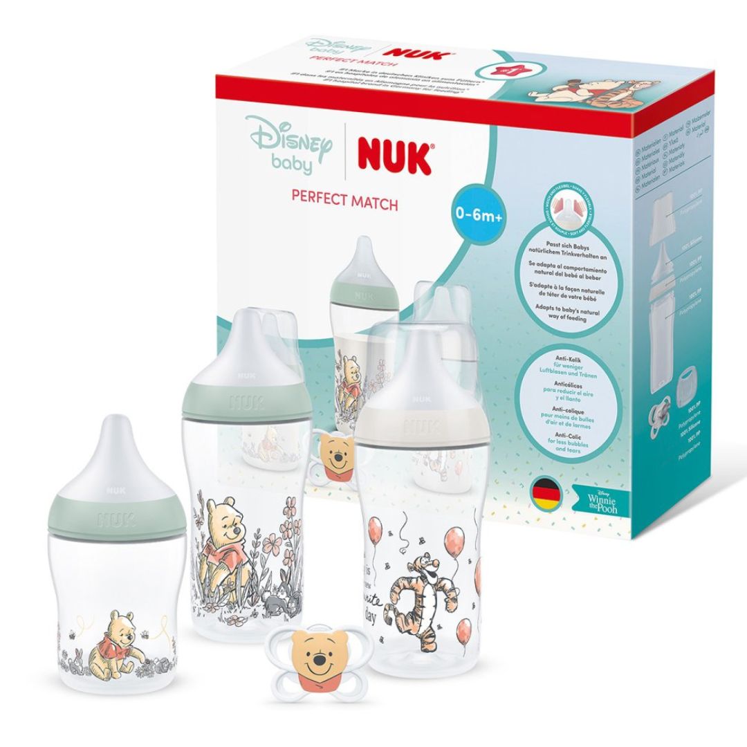 NUK Perfect Match Newborn Gift Set | 0-6 Months | 3 Bottles + 1 Air Soother | Anti-Colic Feeding Set
