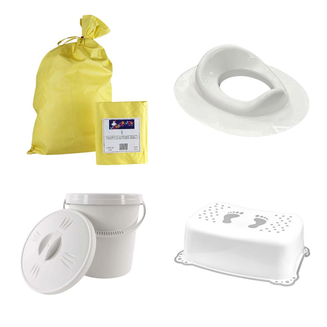 Potty Training Success Kit – Stepping Stool, Toilet Trainer, Nappy Laundry Bag & Pail