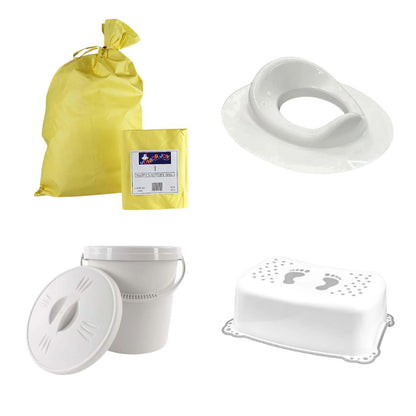 Potty Training Success Kit – Stepping Stool, Toilet Trainer, Nappy Laundry Bag & Pail