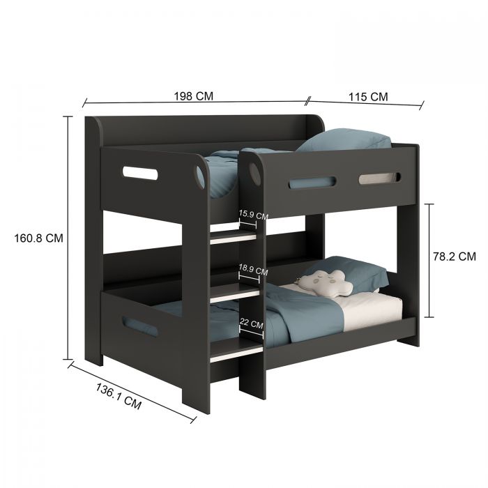 Anthracite Bunk Bed with Built-In Shelf Storage – Space-Saving Modern Twin Sleeper for Kids