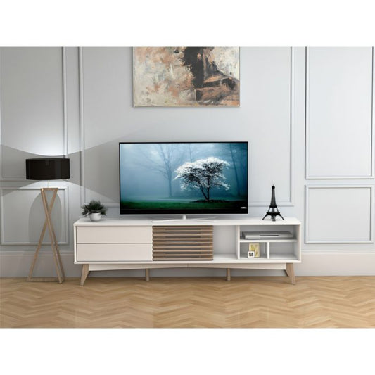 BAY TV Cabinet – White with Wood Effect Legs, 1.8m
