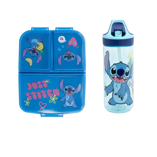 Stitch Lunch Box and Water Bottle Bundle – Multi Compartment Sandwich Box with BPA Free 620 ml Ecozen Bottle