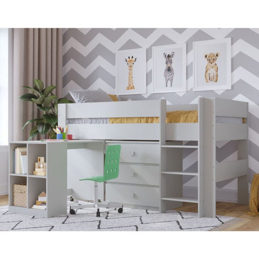 Kudl Children’s Mid Sleeper Bed with Desk & Cupboard – Grey | 3-Piece Bedroom Storage & Study Bundle