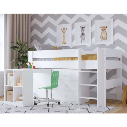 Kudl Children’s Mid Sleeper Bed with Desk & Cupboard – White | Space-Saving 3-Piece Bedroom Bundle