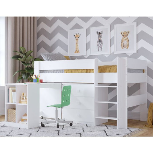 Kudl Children’s Mid Sleeper Bed with Desk & Cupboard – White | Space-Saving 3-Piece Bedroom Bundle