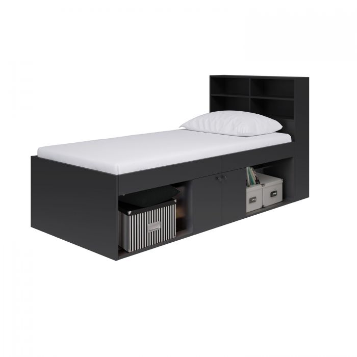 Kidsaw Black Low 3ft Cabin Bed with Bookcase Headboard and Built-In Storage