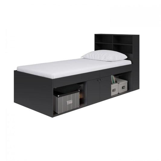 Kidsaw Black Low 3ft Cabin Bed with Bookcase Headboard and Built-In Storage