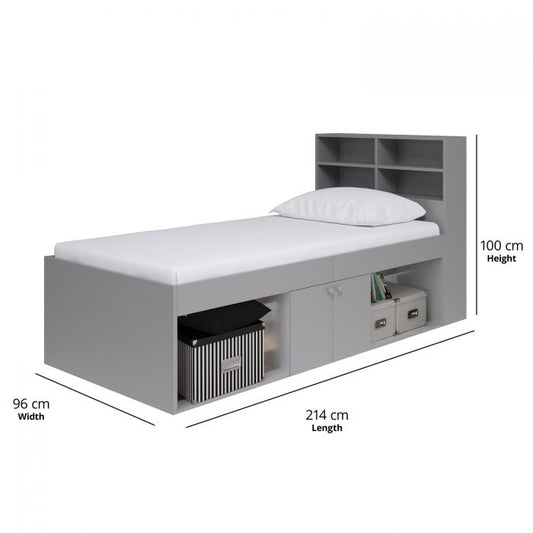 Kidsaw Grey Low 3ft Cabin Bed with Bookcase Headboard and Built-In Storage