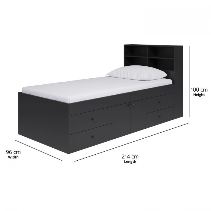 Kidsaw Black Multi-Drawer 3ft Cabin Bed with Bookcase Headboard & Cupboard